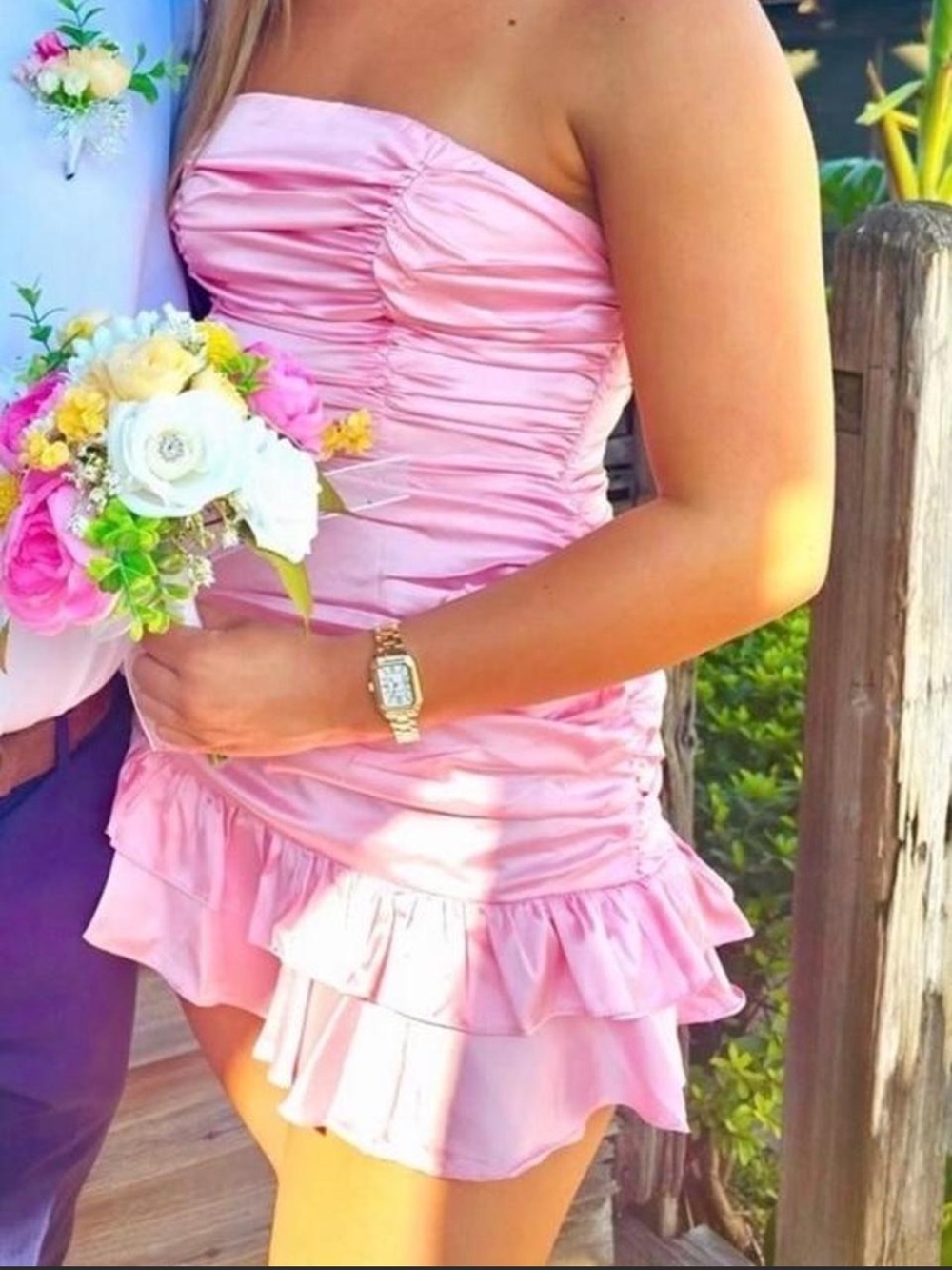 Selfie Leslie Pink Strapless Ruched Ruffle Mini Dress